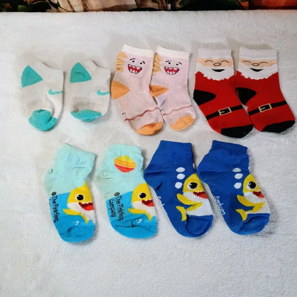 Bundle 5-Pair of Toddler Multi-Color Nike, Shark Santa, & Pinkfong Socks